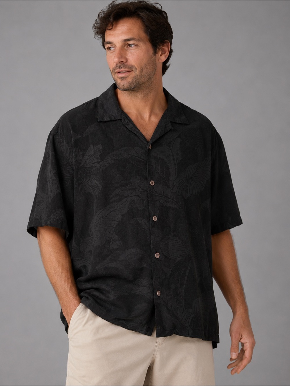 Tommy Bahama Men’s M 100% Silk Black Tonal Tropical Camp Shirt Hawaiian